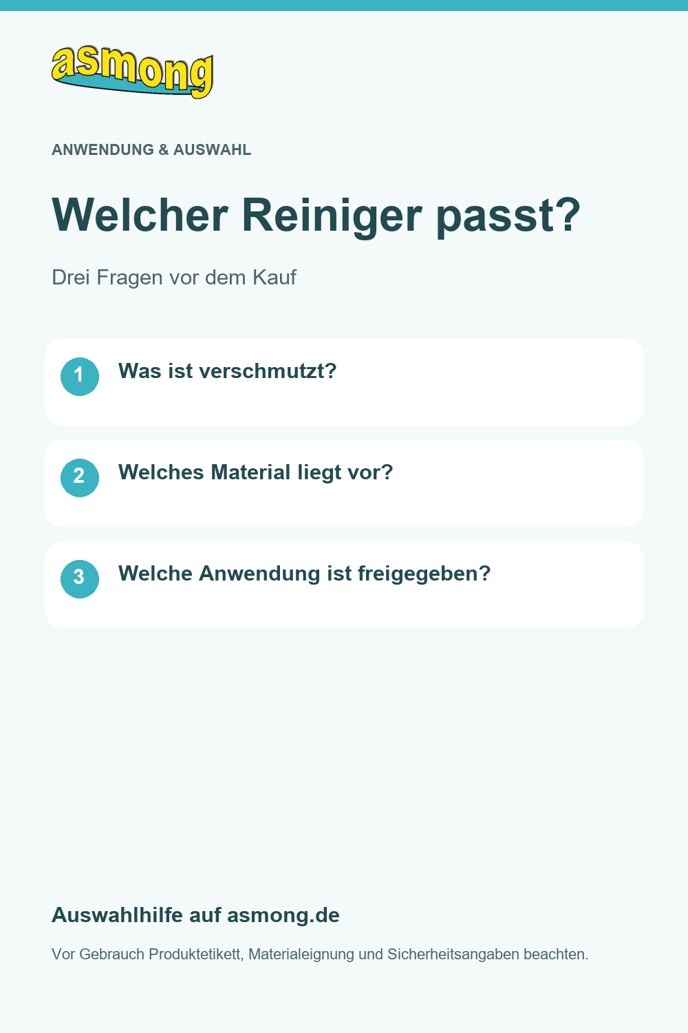 Welcher Reiniger passt?: Ein Reinigungsproblem, viele Produkte? Starten Sie mit der Verschmutzung und dem Material. Unsere Problemlösungen führen zu passenden Produktgruppen und Anwendungshinweisen. Wenn Sie unsicher sind, fragen Sie vor dem Kauf nach.