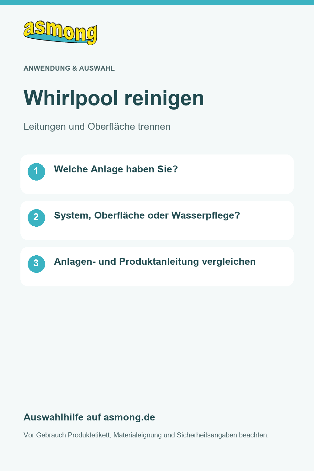 Whirlpool reinigen: Bei einer Whirlpoolwanne sind Leitungssystem und sichtbare Oberfläche getrennte Reinigungsaufgaben. Ein dauerhaft befüllter Spa hat zusätzlich eigene Anforderungen an die Wasserpflege. Prüfen Sie Anlage, Aufgabe und Herstellerfreigaben. Übernehmen Sie Dosierung und Laufzeiten aus den aktuellen Anleitungen.