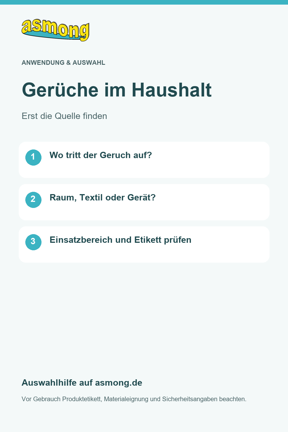 asmong Auswahlkarte Gerüche im Haushalt: Geruchsquelle und Anwendungsort bestimmen; Raumluft, Textilien und Geräte unterscheiden und das Produktetikett prüfen.